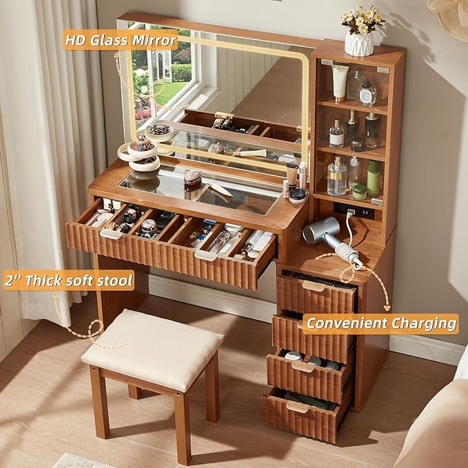 LEYAOYAO Vanity Desk with Mirror and Lights, 43.5'' Fluted Makeup Vanity with 6 Drawers and Adjustable Shelves, Wood TC Make Up Vanity Dressing Table with Glass Top and Power Outlet for Bedroom