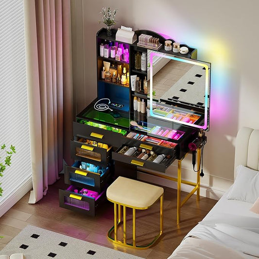 RGB Vanity Desk with Sliding Mirror and Lights,Makeup Vanity with Charging Station,LED Vanity Table with Glass Top,Girls Vanities Dressing Table Set with Stool&6 Drawers for Bedroom(Black