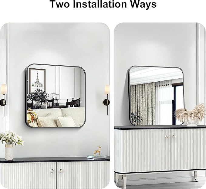 KOCUUY Square Bathroom Mirror, 24"x24" Black Rectangle Vanity Mirror, Black Metal Frame Mirror with Rounded Corner for Bathroom, Bedroom, Living Room, Entryway