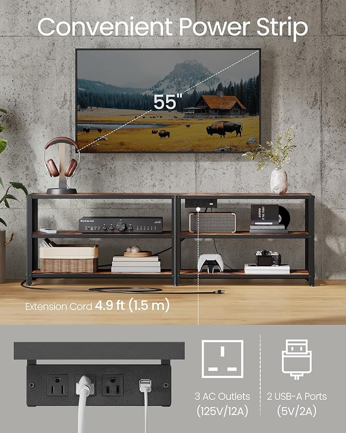 VASAGLE TV Stand with Power Outlets and LED Lights, for TVs up to 65 Inches, Entertainment Center with Open Storage Shelves, TV Console Table for Living Room, Rustic Brown and Ink Black ULTV118K01