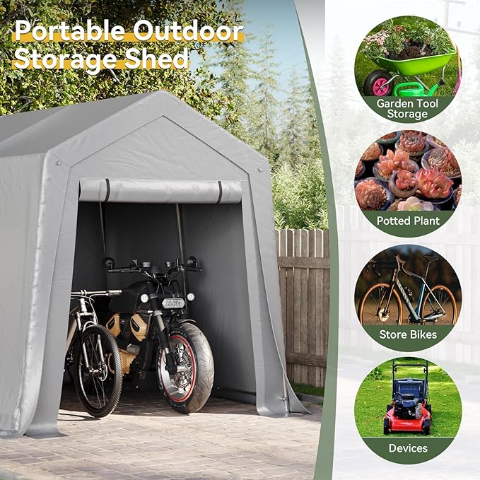 Aoxun 6x8x7 FT Outdoor Portable Storage Shed Tent with Roll-up Zipper Door and Window Portable Carport with Waterproof Tarp Galvanized Steel for Motorcycle, Generator, Bike Storage (Gray)