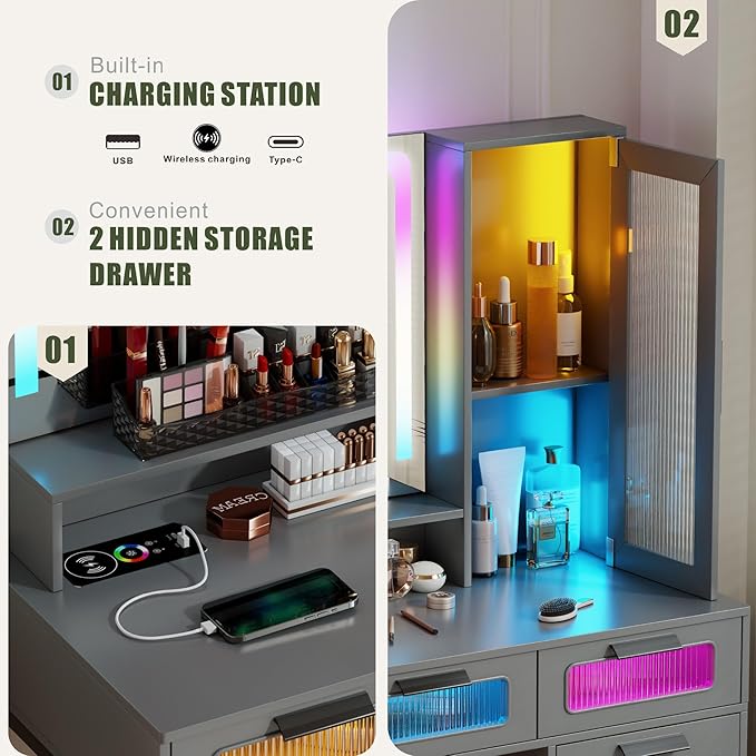 Vanity Desk with Mirror and RGB Lights, Makeup Vanity Desk with Wireless Charging Station,Large Dressing Table Set with Stool,LED Vanity Table with 6 Drawers/Cabinet/Shelves for Bedroom, Grey