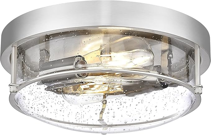 12" Flush Mount Ceiling Light, Brushed Nickel Finish, Bubble Glass Shade, Modern Farmhouse Style for Bedroom, Living Room, Dining – CKCL4822-2W-SGBN