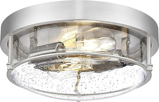 12" Flush Mount Ceiling Light, Brushed Nickel Finish, Bubble Glass Shade, Modern Farmhouse Style for Bedroom, Living Room, Dining – CKCL4822-2W-SGBN