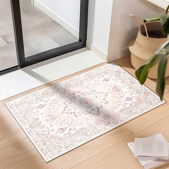 Area Rugs 2'x3' Washable Non-Slip, Floral Vintage Distress Print Pattern Medallion Carpet for Living Room Bedroom Dining Room, Pink Greypink Cute