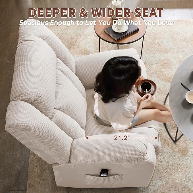 Oversized Dual Motor Power Lift Recliner for Adults, Electric Lift Chair with Heating and Massage, Waffle Fabric Electric Recliner Chair with Side Pockets, Wide Recliner for Living Room