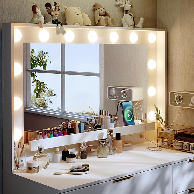 Makeup Vanity Desk with Large Mirror and 13 LED Lights, 39.3in Vanity Table with Power Outlet & 5 Drawers, 3 Lighting Color Adjustable, Vanity Desk for Bedroom and Dressing Room, White