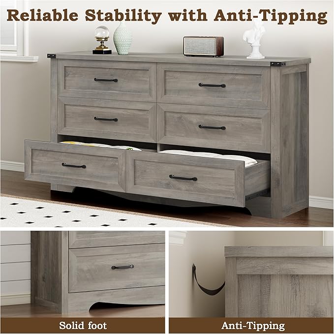 6-Drawer Dresser for Bedroom, Modern Wooden Chest of Drawers with Metal Handles, Anti-Tipping Design, Sturdy and Stable Storage Organizer for Living Room, Entryway, Home Office