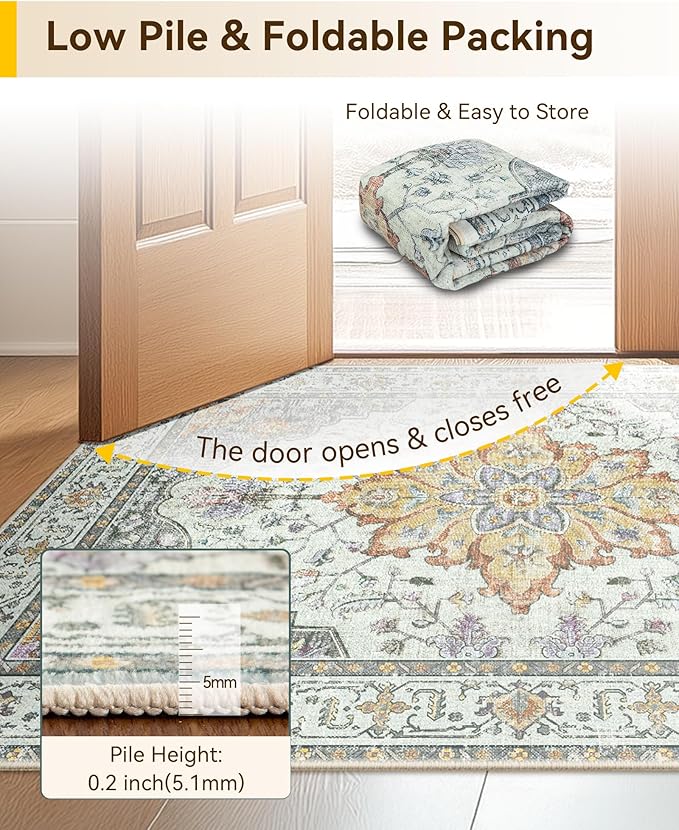 Area Rugs 9'x12' Washable Non-Slip, Floral Vintage Distress Print Pattern Medallion Carpet for Living Room Bedroom Dining Room, Light Yellow Carbon Grey Orange