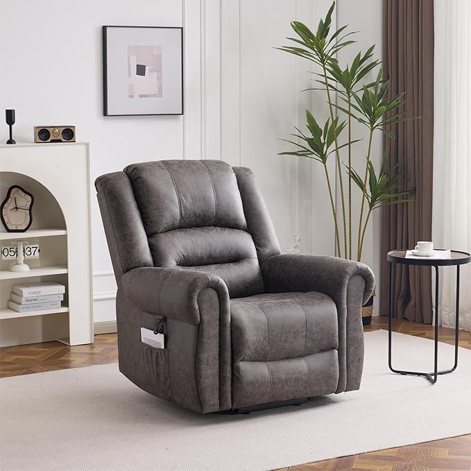FLEXISPOT Power Lift Recliner Chair for Elderly with Massage & Heat, Faux Leather Electric Reclining Chair for Seniors with USB Ports, Cup Holders & Side Pockets(Medium Size,Charcoal Gray