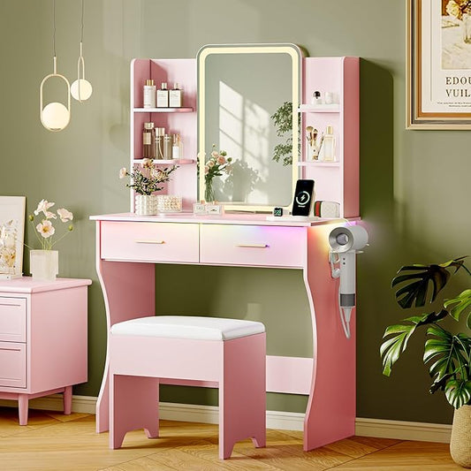 Pink Makeup Vanity Desk with Mirror and Lights, Small Vanity Table Set with Power Outlet, Dressing Table with 2 Drawer & 4 Storage Shelves, Adjustable RGB Lighting, Includes Chair for Girl’s Bedroom