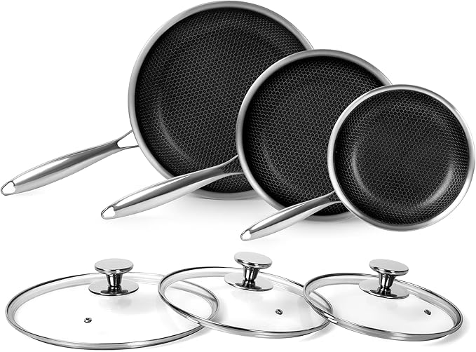 Tri-Ply Stainless Steel Frying Pan Set with Lid,8 Inch,9.5 Inch and 11 Inch Nonstick Honeycomb Stainless Steel Cooking Skillet Set of 3 for Induction Gas Stovetops