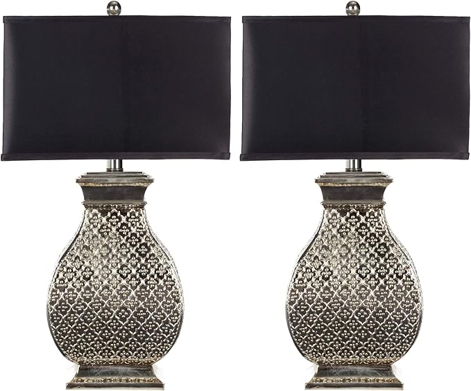 SAFAVIEH Lighting Collection Malaga Silver/ Black Rectangle Shade 30-inch Bedroom Living Room Home Office Desk Nightstand Table Lamp Set of 2 (LED Bulbs Included)