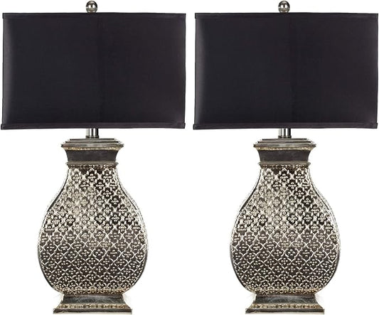 SAFAVIEH Lighting Collection Malaga Silver/ Black Rectangle Shade 30-inch Bedroom Living Room Home Office Desk Nightstand Table Lamp Set of 2 (LED Bulbs Included)
