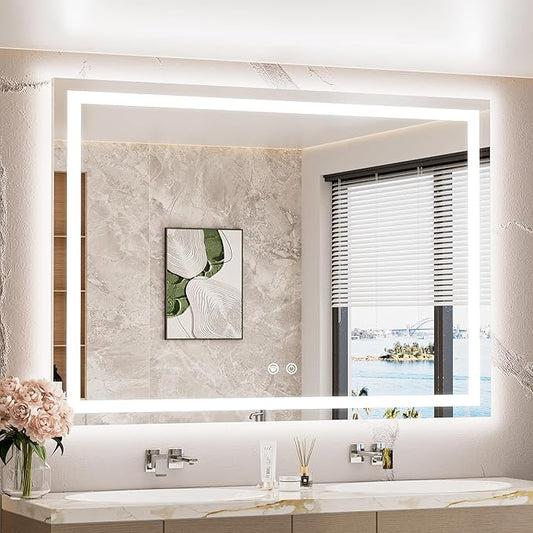 TETOTE LED Bathroom Mirror with Lights 48 x 36 Brighter Light up Mirror for Bathroom Vanity, Front and Backlit Lighted Antifog Mirror Wall Mounted, 3-Color Dimmable, Waterproof, Tempered Glass