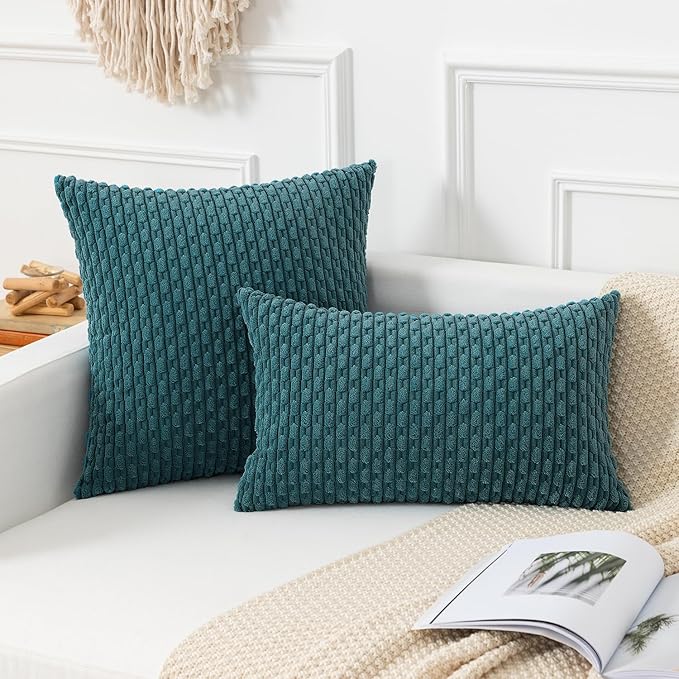 Kevin Textile Throw Pillow Covers Soft Corduroy Decorative Set of 2 Boho Striped Pillow Covers Pillowcases Farmhouse Home Decor for Couch Bed Sofa Living Room 12x20 Inch Teal Blue