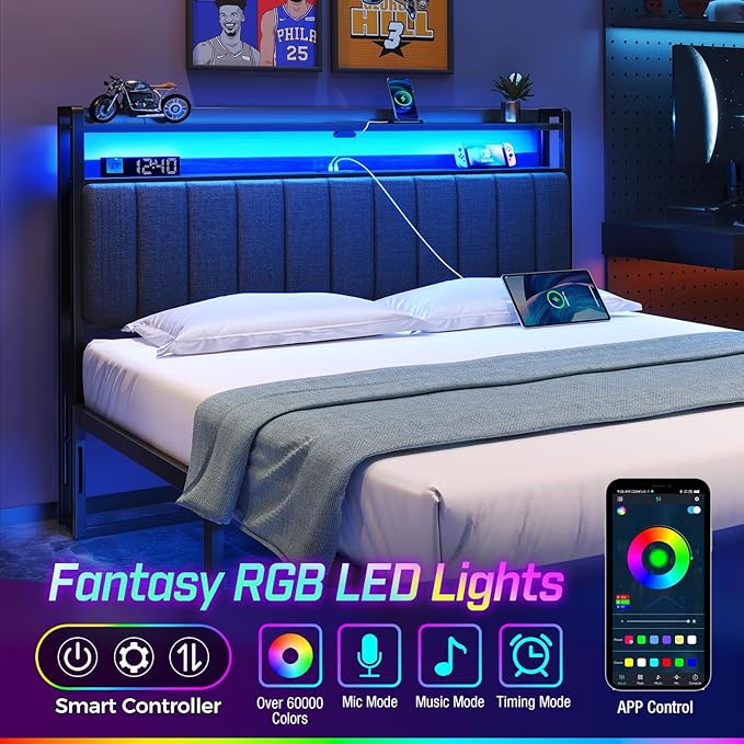 Rolanstar Headboard for Queen Size Bed with Storage, 60,000 DIY Color of LED Light, Head Board with USB & Type C Port, Height Adjustable, Black Upholstered Cabeceras de Cama Comfortable Modern, Linen