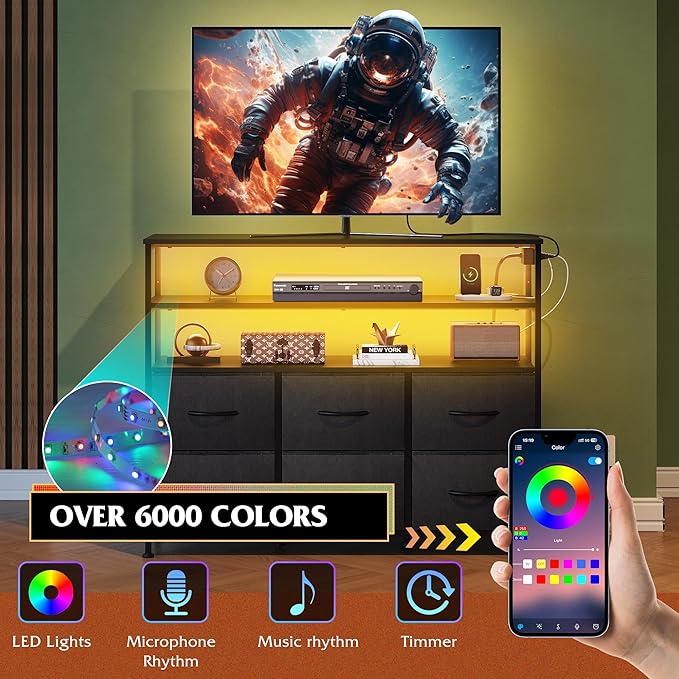 WLIVE Black TV Stand for 40, 45 inch TV, Entertainment Center with LED Lights & Charging Station, TV Media Console Table with 6 Fabric Drawers and Open Shelves for Living Room, Hallway, Wood Top