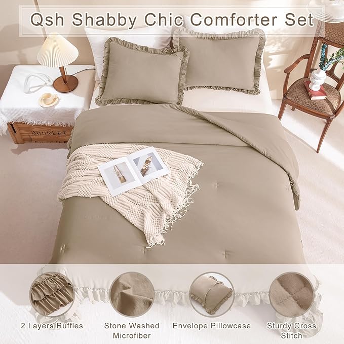 QSH 3PCs Light Taupe Ruffled Comforter Set Queen Size,Shabby Boho Chic Bedding Comforter Sets Queen, Ultra Soft Farmhouse Lightweight Microfiber Inner Fill Bed Comforter Set