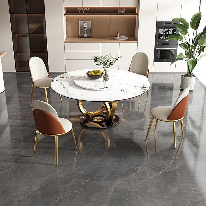 Dining Table Set with 4 Chairs, 59" Round Modern Marble Dining Table with Lazy Susan, Sintered Stone Top for Kitchen, Dining Room, Dinette