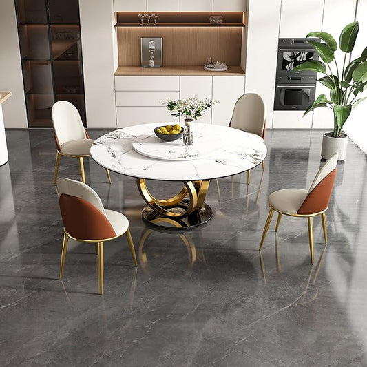Dining Table Set with 4 Chairs, 59" Round Modern Marble Dining Table with Lazy Susan, Sintered Stone Top for Kitchen, Dining Room, Dinette