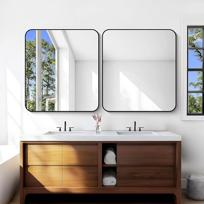 Bathroom Mirror, 40 x 36 inch Black Rectangle Wall Mirror, Metal Frame Rectangular Vanity Mirror, Rounded Corner Wall Mounted Mirror for Modern Bedroom Living Room Hangs Horizontal/Vertical