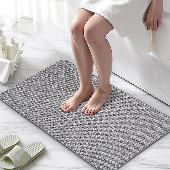Upgraded Thin Bathroom Rugs, Bath Mat Super Absorbent, Bath Rugs Rubber Backing Non-Slip, Quick Dry Machine Washable, Cozy Cloth Bathroom Mat fit Under Door/Sink/ Bathtub/Floor/Shower 24''x36''-Gray