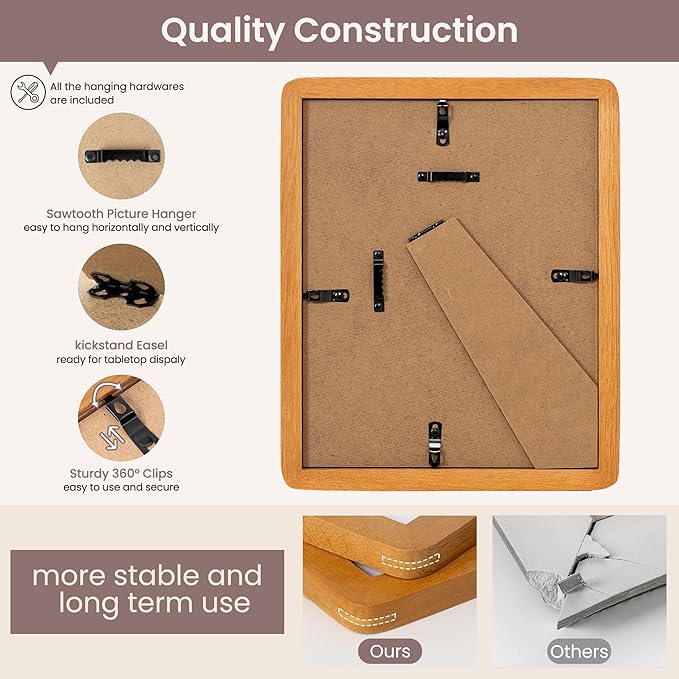 8x10 Picture Frame - Solid Teak Wood 8 x 10 Photo Frame, 8x10 Frame With Mat For 5x7, Tabletop and Wall Display, Hanging Hardware Included, 8 By 10 Picture Frame Wood, Natural Teak