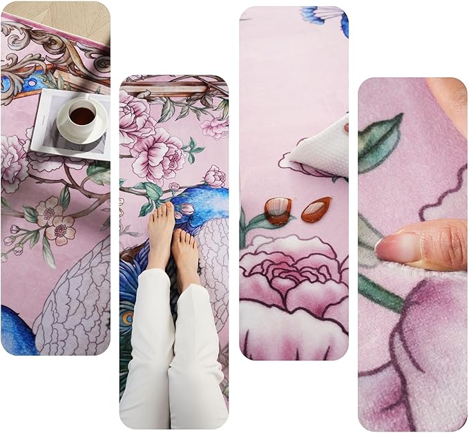 Bedroom Rug 3x5 Rug Washable Area Rug Low Pile Floral Peacock Animal Small Carpet for Bedroom, Bedside, Kitchen, Entryway, Kids Room, Office, College Dorm(Pink)