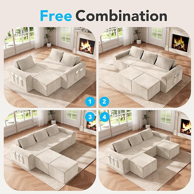 Cloud Sectional Couch with 2 Ottomans & 3 Pillows, Boneless Couches for Living Room, U Shaped Sectional Sofa Deep Seat Comfy Couch for Small Spaces, No Assembly Required, 72h to Restore