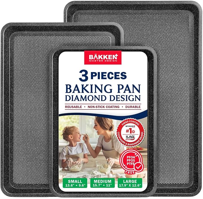 BAKKEN Kitchen Baking Pans - Small, Medium, and Large Cookie Pan (13.58×9.65, 15.75×11, 17.91×12.60), Nonstick, Diamond Texture Bottom, PFOA, PFOS, PTFE Free, Oven Safe (450°F), Pack of 3, Gray Marble