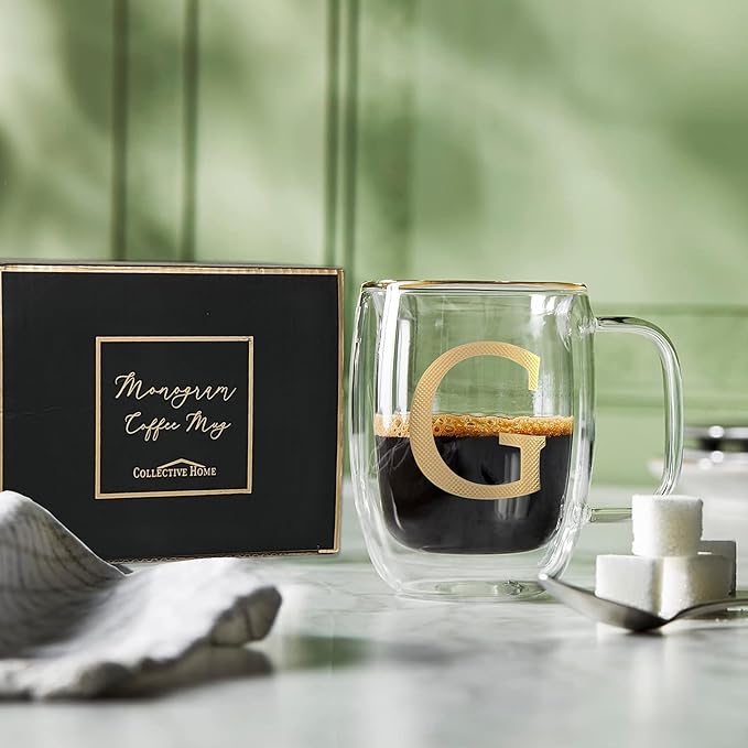COLLECTIVE HOME - Double Walled Glass Coffee Mugs, Insulated Coffee Mug with Handle, Personalized Gifts for Women, Men, Christmas, 14 oz Monogram Cups (G)