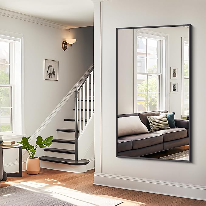 BONEWEI Bathroom Mirror, 30x55 inch Wall Mirror for Bathroom Wall Mounted Black Rectangle Square Corner Mirrors, Black Bathroom Mirror for Living Room, Farmhouse, Bedroom Entryway, Horizontal/Vertical