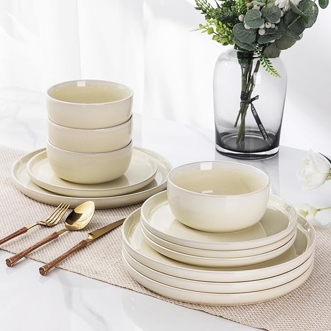 AmorArc Stoneware Dinnerware Sets for 4,Round Reactive Glaze Ceramic Plates and Bowls Set,Highly Scrath Resistant | Dishwasher & Microwave Safe Dishes Set,Service for 4 (12pc)