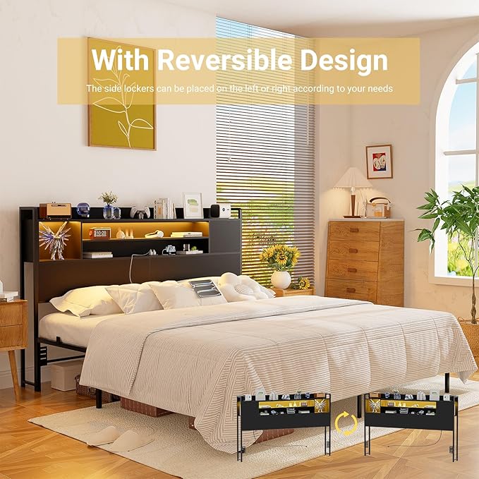 Unikito Headboard for King Size Bed, Bookcase Style Head Board with Power Outlet and RGB LED Light, Reversible Headboard with Storage, Height Adjustable, Sturdy and Stable, King Size, Black