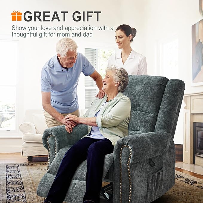 CDCASA Dual Motor Lay Flat Lift Chairs Recliners for Elderly with Massage and Heat, Upgraded Chenille Infinite Position Large Sleeping Electric Power Lift Chair Recliner for Seniors, Grey Blue