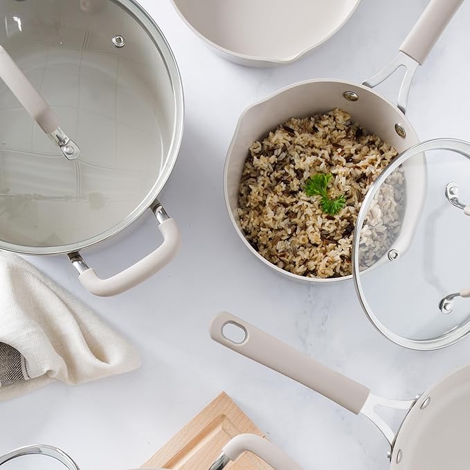 Martha Stewart Heathland Premium Nonstick PFA Free Ceramic Interior 10-Piece Tapered Aluminum Cookware Set - Taupe