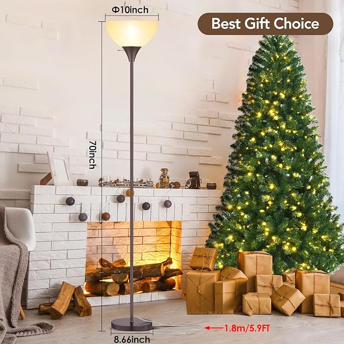 Floor Lamp, LED Standing Lamps with White Plastic Shade, Corner Floor Lights for Living Room Bedroom, Rotary Switch, Bulb not Included, Brown