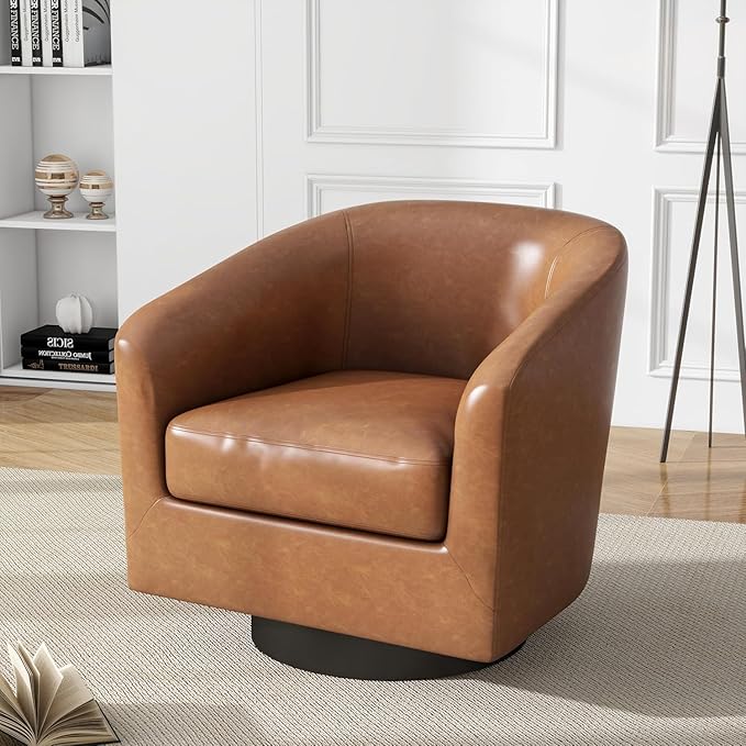UIXE PU Leather Swivel Accent Chairs Set of 2, Barrel Club Chair Upholstered Armchair for Living Room, Round Arm Chair Single Sofa Bedroom Reading Seat - Brown