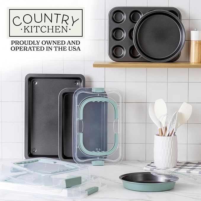 Country Kitchen Baking Pans Set - 10 Piece Non-Stick Cake Pans with Carry Lids for Easy Storage & Travel, Perfect for Parties - Stackable, Sage