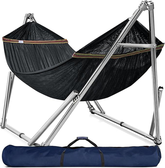 Tranquillo Double Hammock with Stand 650lb Capacity Double Hammock with Spreader Bar, Solid Grade 201 Stainless Steel 30s Set Up, Sturdy Flexible Hammock Stand Portable, Outdoor Indoor, Black