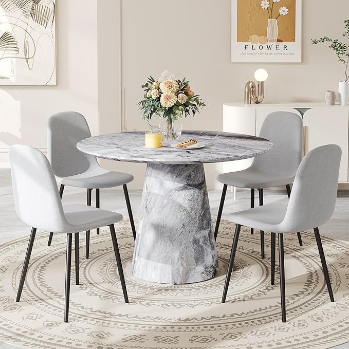 Round Dining Table Set for 4, 45IN Kitchen Table Set with Faux Marble Table Top and PU Upholstered Chairs, Modern Dinner Table with Chairs Set for Dinning Room, Living Room