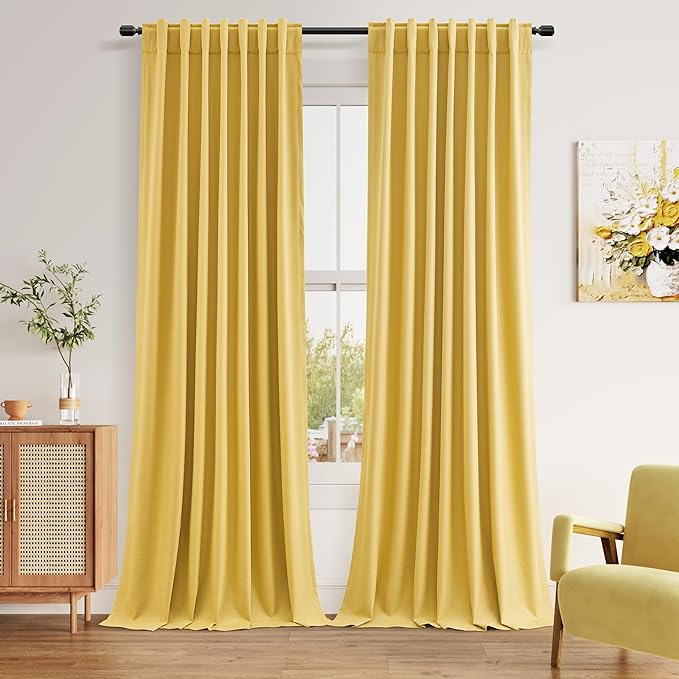 Guken Blackout Curtains 102 Inch Length 2 Panels Set for Living Room Bedroom Back Tab Thermal Insulated 100% Black Out Linen Drapes Room Darkening Window Curtains 102 Inches Long,Gold Yellow