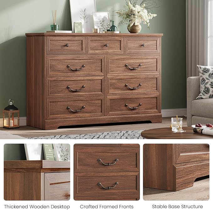 DICTAC Farmhouse 9 Drawers Dresser for Bedroom, Wide Dressers Chest of Drawers, Large Storage Closet Organizer with Natural Texture and Vintage Metal Handle, Wooden Dresser TV Stand for Living Room