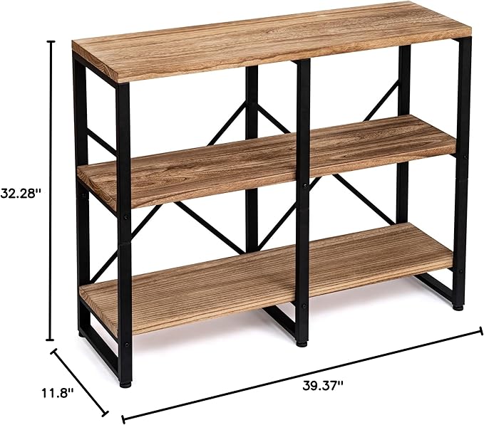 3 Tier Solid Real Wood Bookshelf Rustic Industrial Style, Wooden Storage Shelves Etagere Bookcase Book Shelf Display Shelf for Home Office