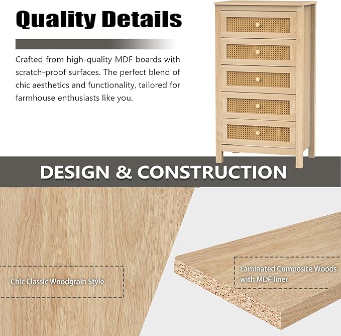 Farmhouse 5 Drawers Dresser, Wood Double Dresser Chest of Drawers Wide Storage Organizer Cabinet for Bedroom, Living Room, Rustic Grey, 5 Drawer