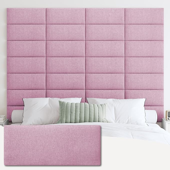 IFNOW Upholstered Wall Mounted Headboard, 3D Soundproof Wall Panels Peel and Stick for Queen Size, Reusable and Removable Tufted Bed Headboard in Light Pink (9 Panels, 10" x 24")