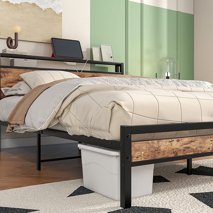 Queen Bed Frame with Storage Headboard/Charging Station,Metal Queen Size Bed Frame with Power Outlets/USB Ports No Box Spring Needed,Under Bed Storage,Easy Assembly,Rustic Brown