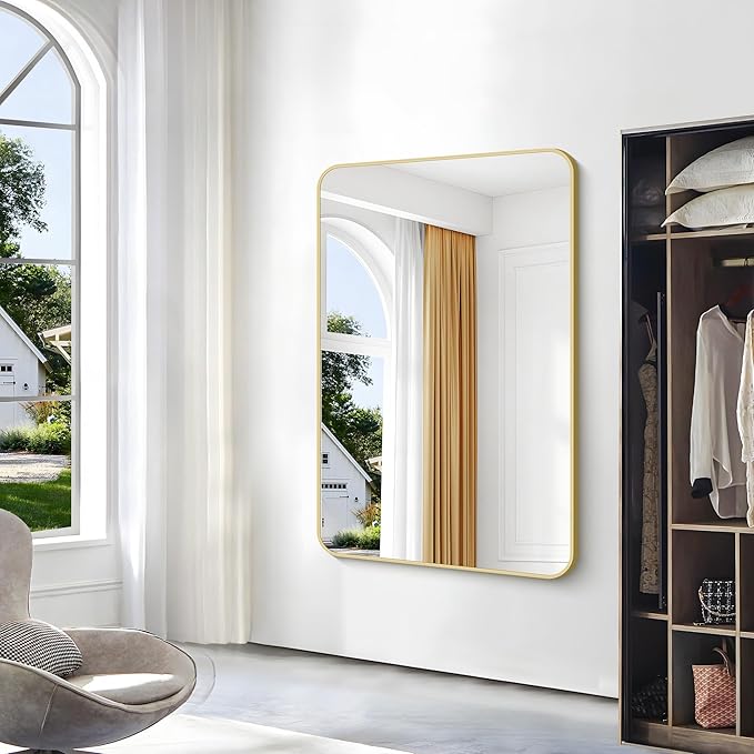 Gold Bathroom Mirror,55x36 inch Wall Mirror for Bathroom Wall Mounted,Round Rectangle Mirror for Bathroom Over Sink,Modern Frame for Home Decor Living Room,Bedroom Entryway,Horizontal/Vertical