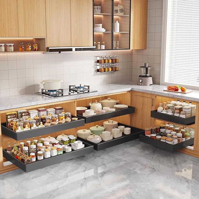 2 Pack Pull Out Cabinet Organizers 21" Deep With Raising Pad for Framed Cabinets, Expandable Width (15.2"-26.3") Slide Out Drawers Upgrade 3 Slide Rails, Roll Out Shelves Adhesive, Black